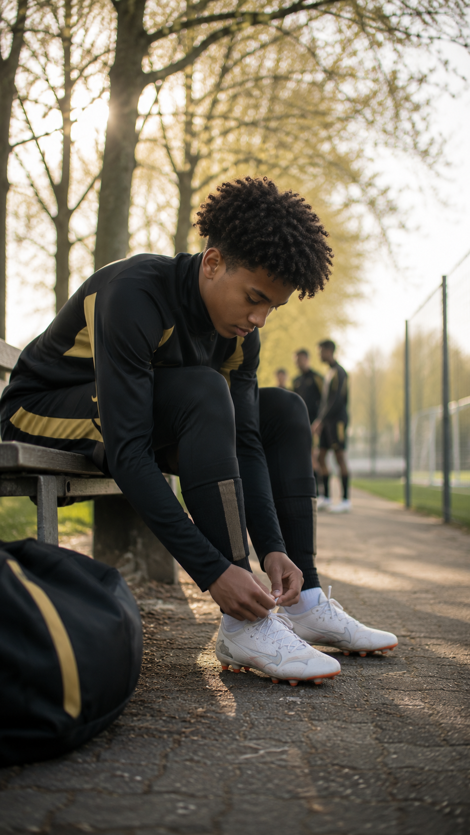 Voetbalschoenen worden gestrikt voor de training